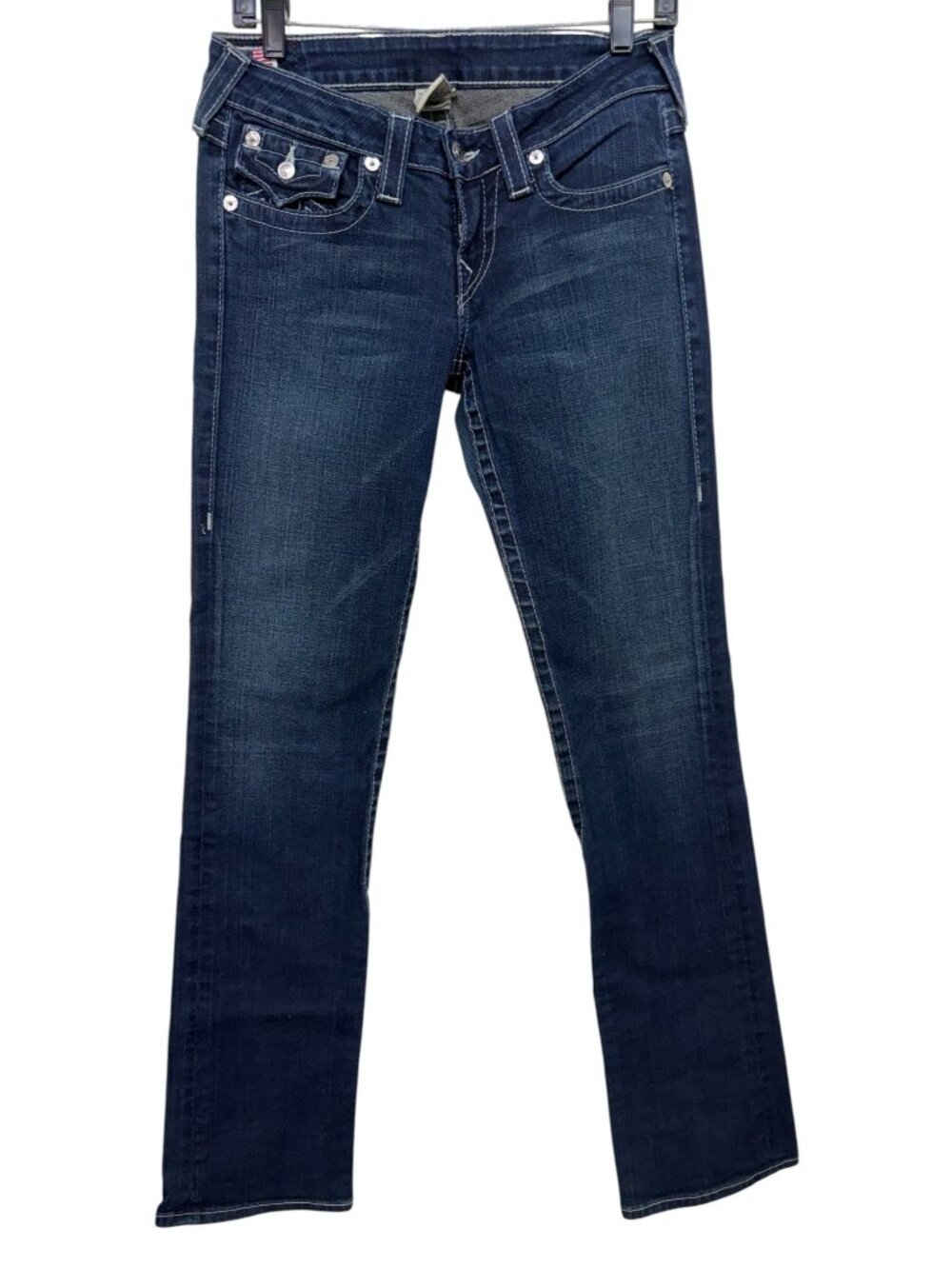 True Religion Women's Dark Wash Bootcut Billy Jeans W29 With White Stitching
